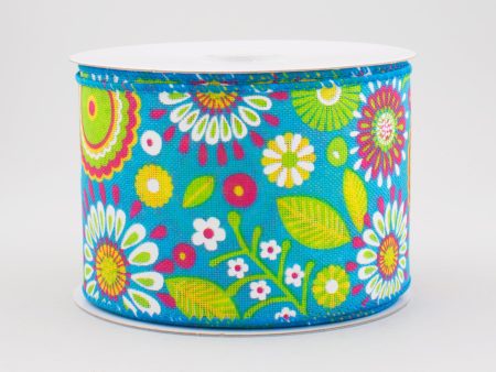 2.5  Woven Spring Flower Doodles Ribbon: Turquoise Blue (10 Yards) Online Sale