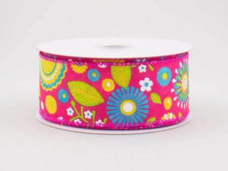 1.5  Woven Spring Flower Doodles Ribbon: Fuchsia (10 Yards) on Sale