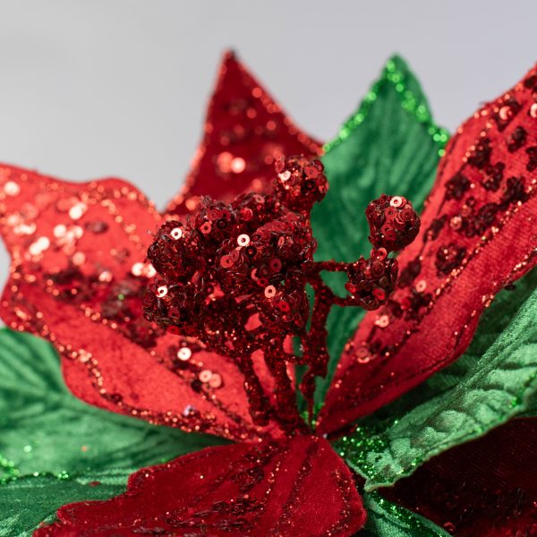 14  x 26  Velvet Sequin Poinsettia Stem: Red & Emerald Green Online