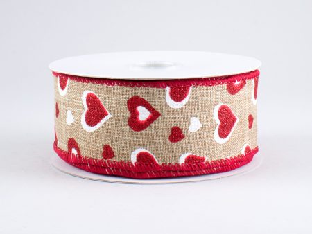 1.5  Glitter Hearts Ribbon: Natural, Red, White (10 Yards) Online