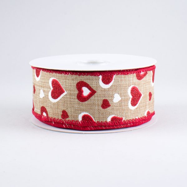 1.5  Glitter Hearts Ribbon: Natural, Red, White (10 Yards) Online