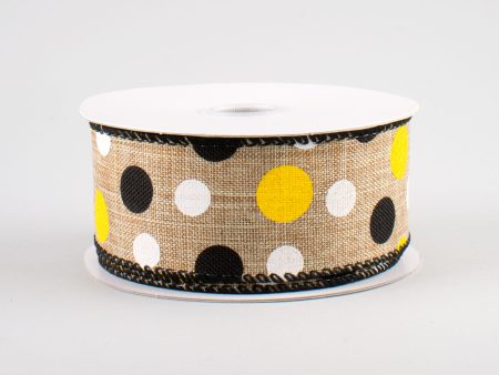 1.5  Natural Canvas Ribbon: Black, Yellow, White Dots (10 Yards) Cheap