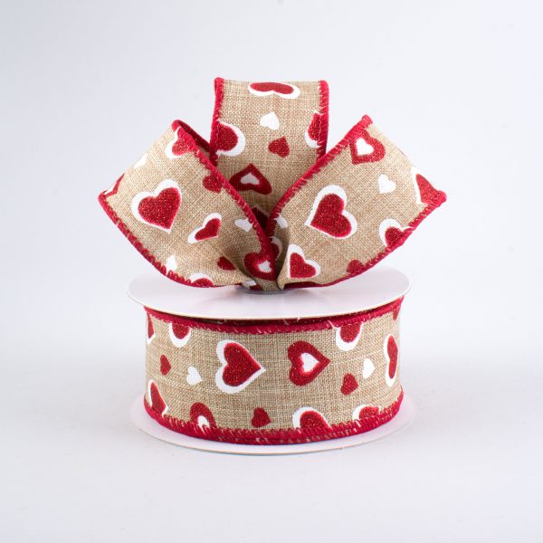 1.5  Glitter Hearts Ribbon: Natural, Red, White (10 Yards) Online