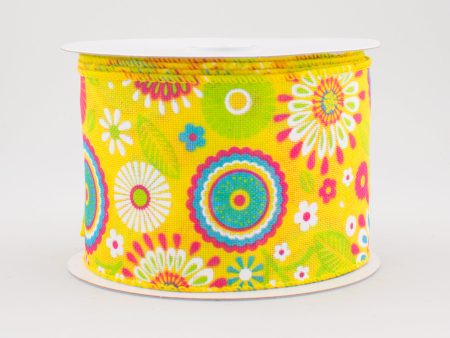 2.5  Woven Spring Flower Doodles Ribbon: Yellow (10 Yards) Supply