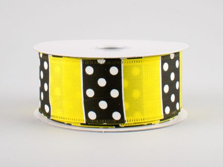 1.5  B & W Polka Dot Stripes Ribbon: Yellow (10 Yards) Hot on Sale