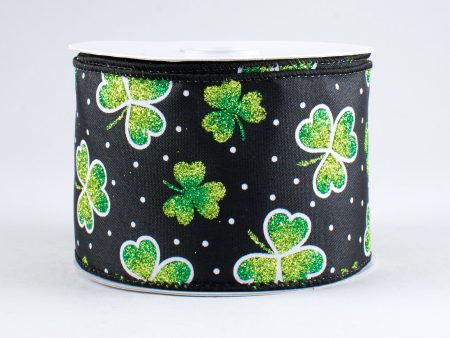 2.5  Glitter Clovers Ribbon: Black (10 Yards) Sale