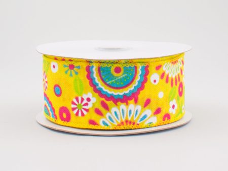 1.5  Woven Spring Flower Doodles Ribbon: Yellow (10 Yards) Supply