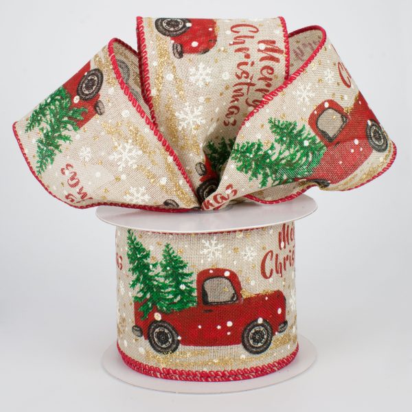 2.5  Glittered Christmas Red Truck Ribbon (10 Yards) Online Hot Sale