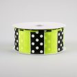 1.5  B & W Polka Dot Stripes Ribbon: Lime (10 Yards) For Sale