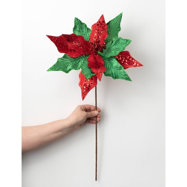 14  x 26  Velvet Sequin Poinsettia Stem: Red & Emerald Green Online