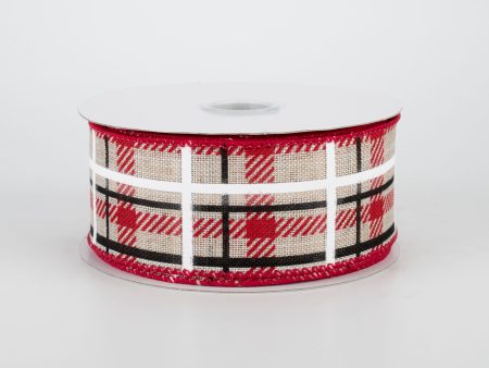 1.5  Holiday Plaid Ribbon: Ivory, Red, Black (10 Yards) Supply