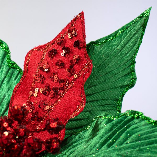 14  x 26  Velvet Sequin Poinsettia Stem: Red & Emerald Green Online