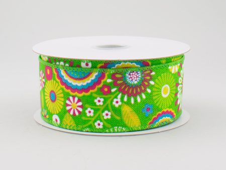 1.5  Lime Green Canvas Spring Flower Doodles Ribbon (10 Yards) on Sale