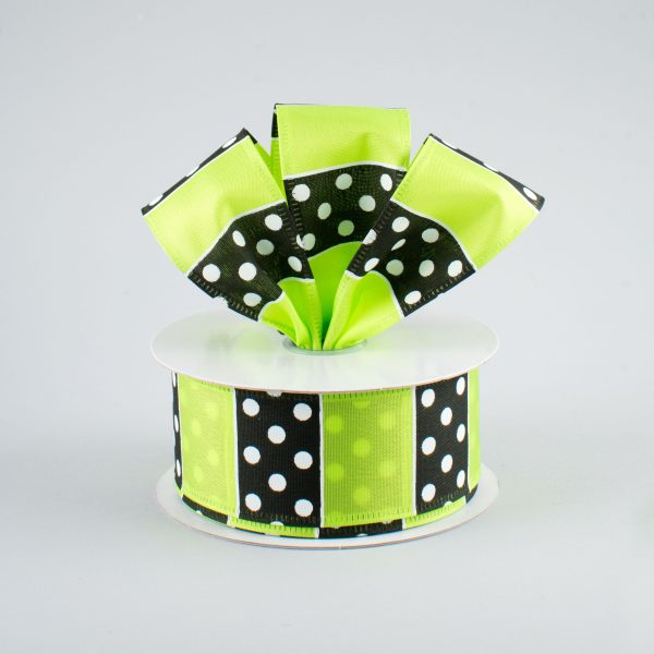 1.5  B & W Polka Dot Stripes Ribbon: Lime (10 Yards) For Sale