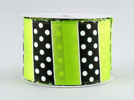 2.5  B & W Polka Dot Stripes Ribbon: Lime (10 Yards) For Sale